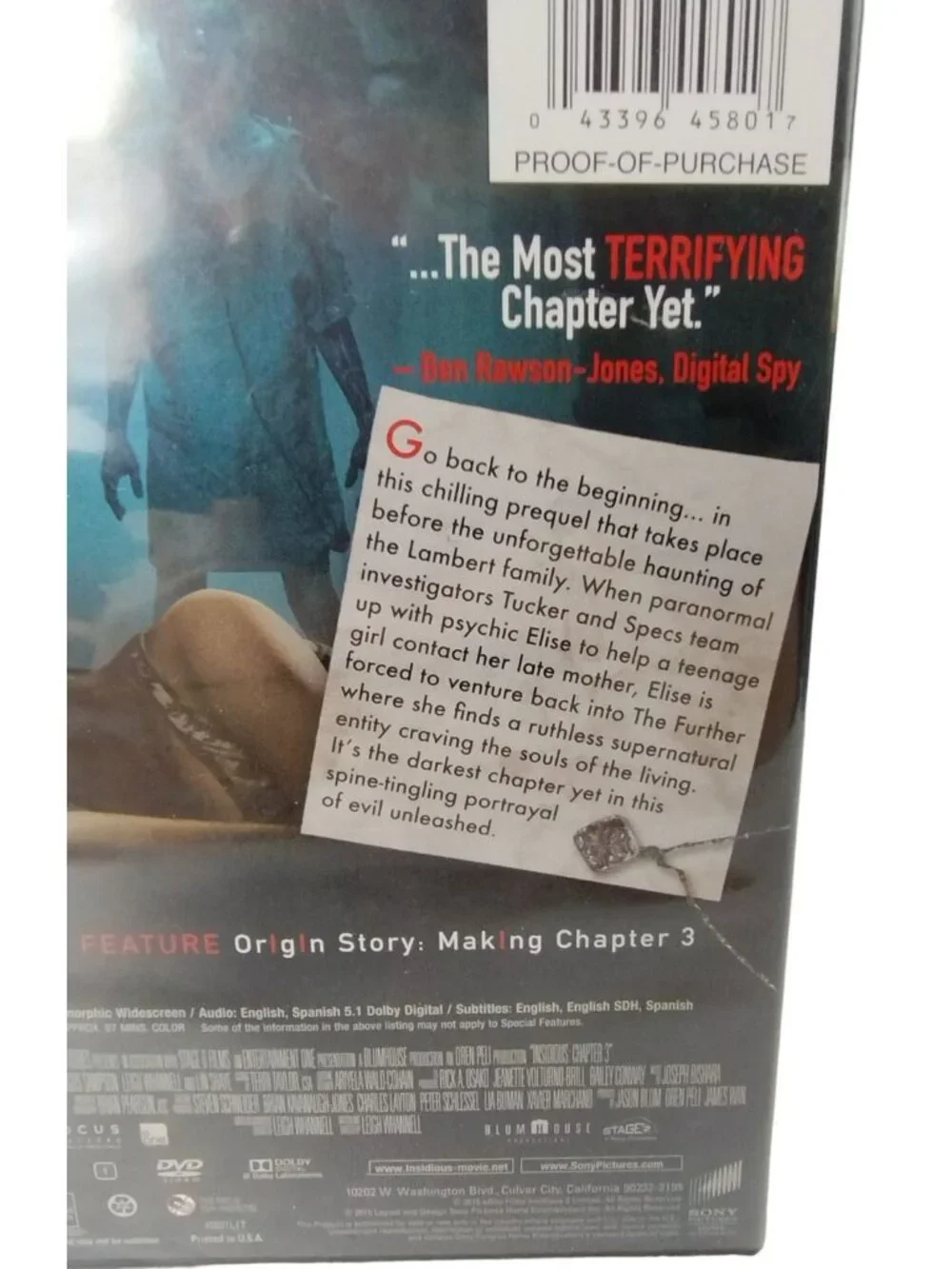 Insidious Chapter 3 Supernatural Horror Movie DVD 2015 Leigh Whannell Sealed